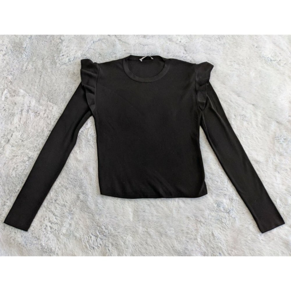 Zara Knit Sz LARGE Black Pullover Long Sleeve Ruffles 100% Polyamide Sweater EUC